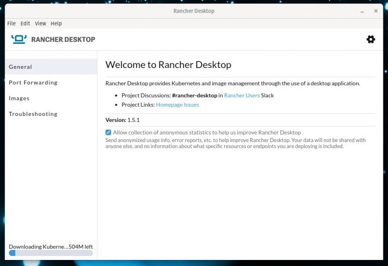 The Rancher Desktop main window is busy setting up Kubernetes.
