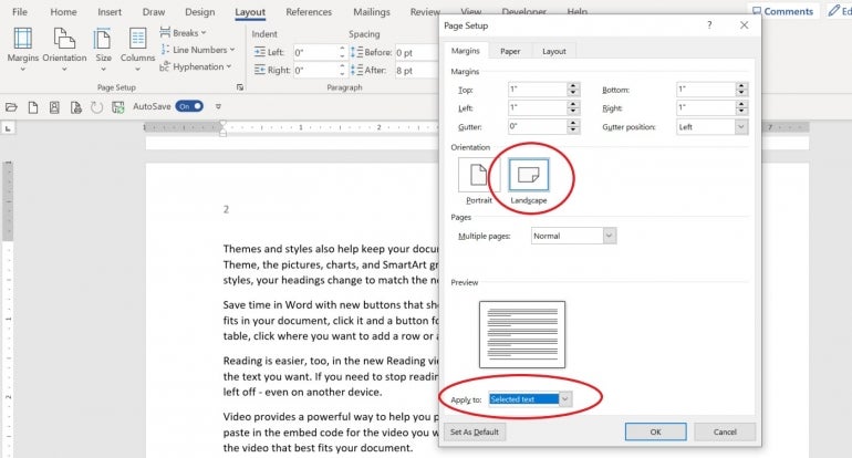 You’ll need the Page Setup dialog to change orientation for only one page.