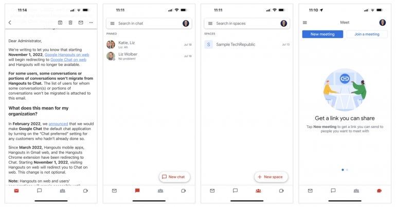 As the red icons at the bottom of these screens show, Gmail is now an all-in-one app with access to email (left), Google Chat (middle left), Spaces (middle right) and Google Meet (right).