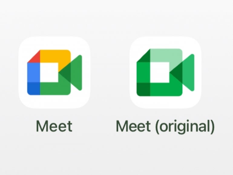 Google Duo will be renamed to Google Meet and receive the modern multi-color icon (left), while the legacy Google Meet app icon will be renamed and recolored to various shades of green (right).