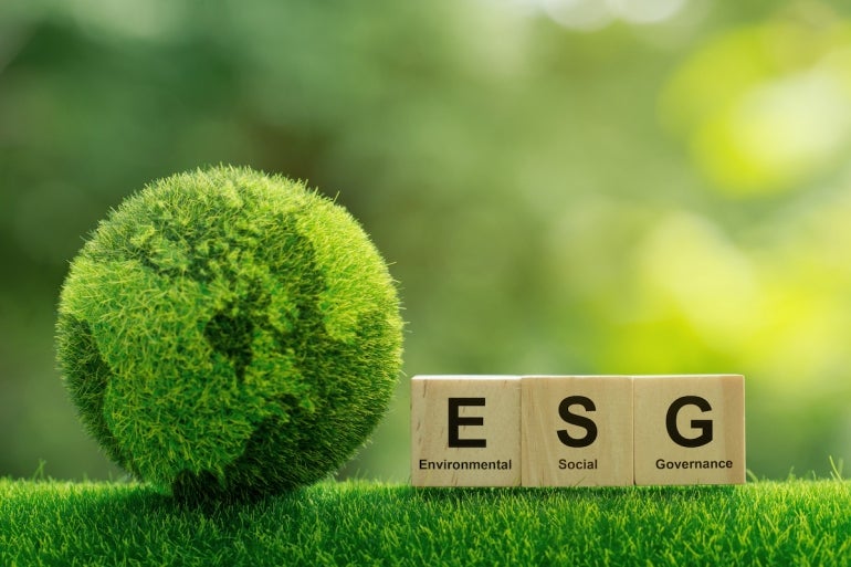 ESG concept of environmental, social and governance.words ESG on a woodblock It is an idea for sustainable organizational development. ​takes into account the environment, society and corporate governance