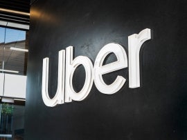 Close up of UBER sign at their headquarters in SOMA district.