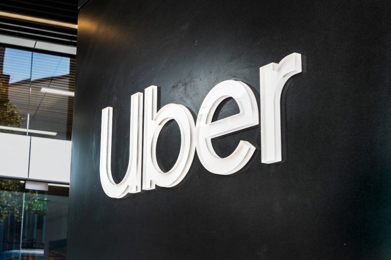 August 21, 2019 San Francisco / CA / USA - Close up of UBER sign at their headquarters in SOMA district; Uber Technologies, Inc. is an American multinational transportation network company (TNC)