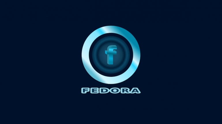 background for a computer desktop with the operating system linux fedora distribution. on a dark blue background circle with a logo, text. vector is 4K size.