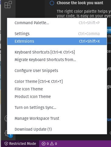 The VS Code settings menu