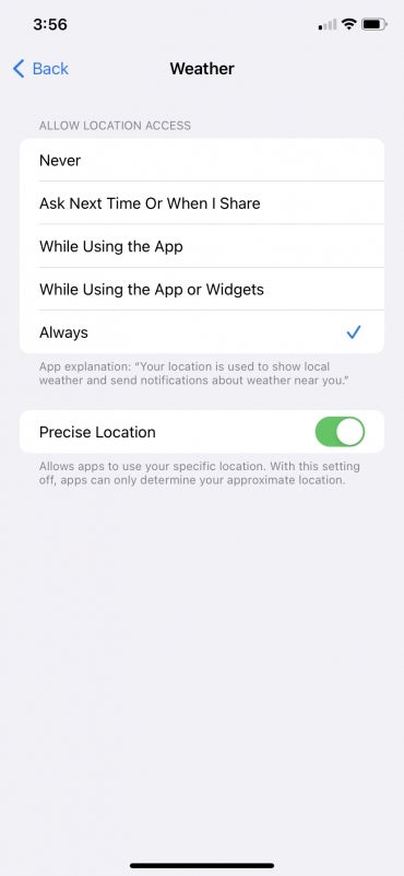iPhone location services screen.
