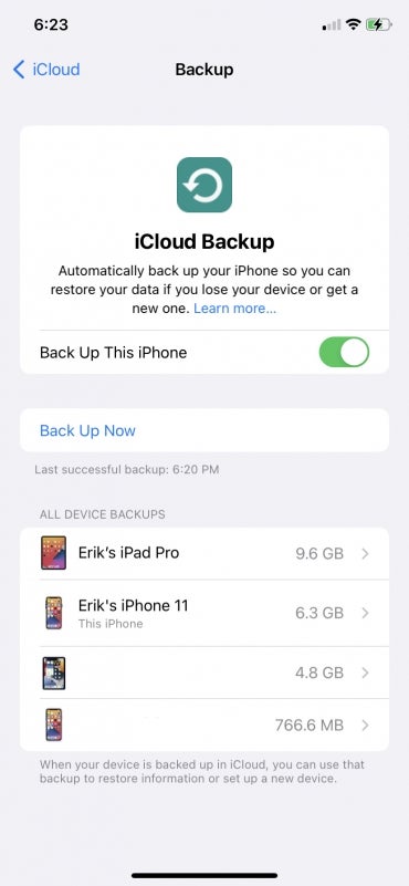 iCloud backup screen on iPhone.