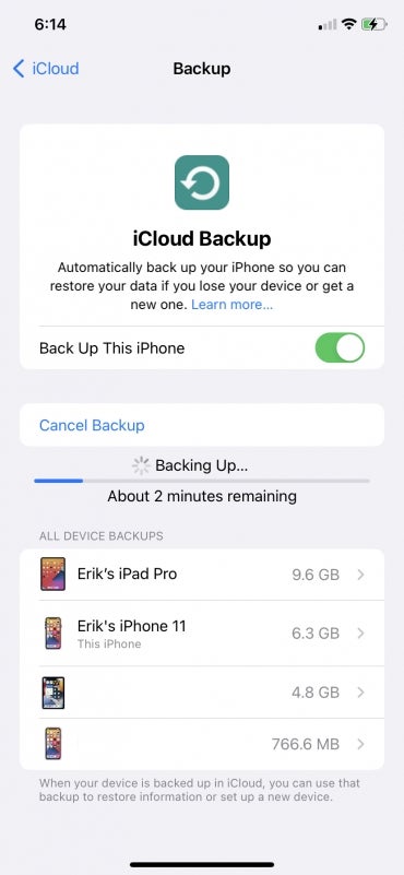 iPhone iCloud backup progress screen.