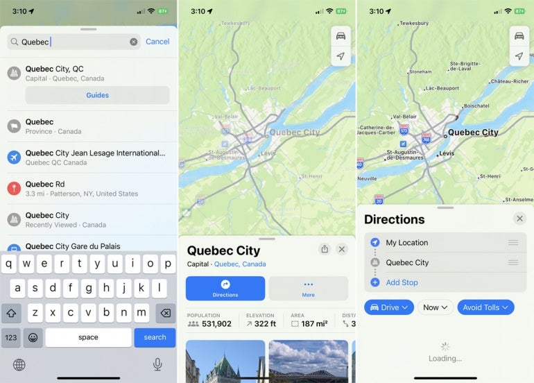 Typing in a destination into Apple Maps.