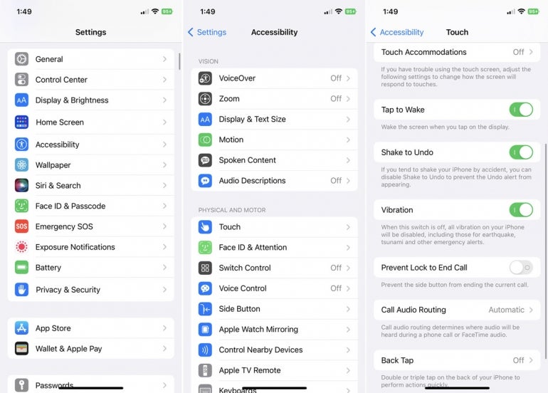 iPhone iOS 16 Settings, Accessibility, and Touch menues side-by-side.