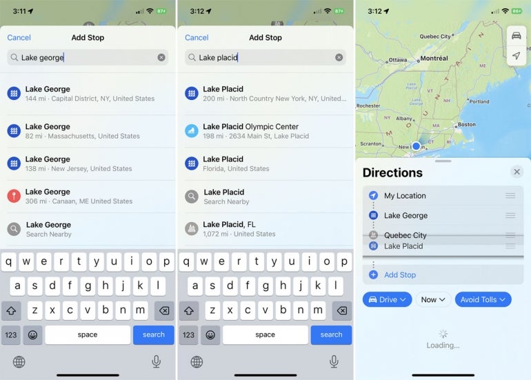 Adding a specific destination as a stop in Apple Maps.