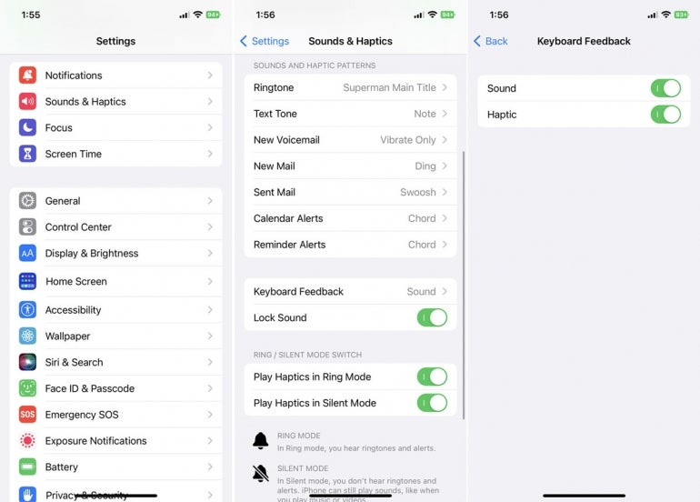 iPhone iOS 16 Settings, Sounds & Haptics, and Keyboard Features menus side-by-side.