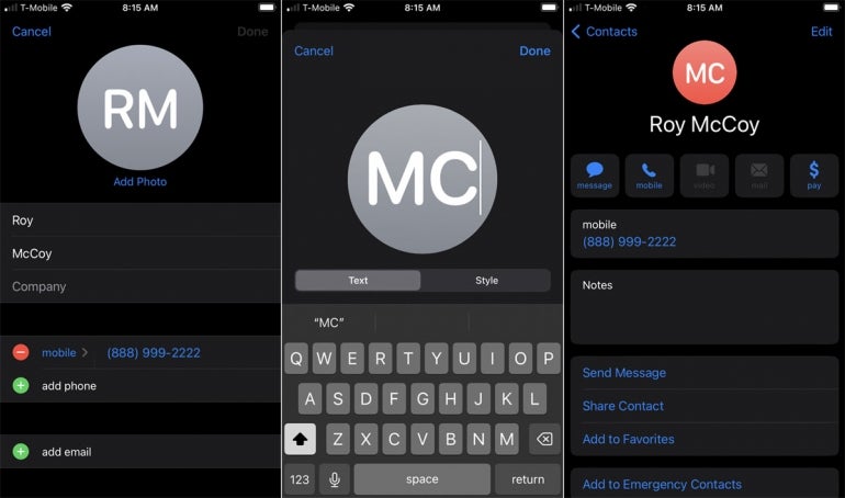 iPhone contact with the default image being the initials RM with a gray background being changed to MC with a red background