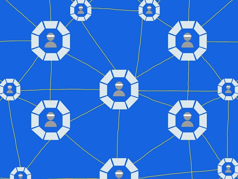 Web of social media avatars on a blue background.