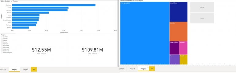 Page 1 and Page 2 sheets open side-by-side in Power BI.