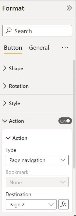 Power BI Buttom Action menu dropdown with the Type set to Page navigation