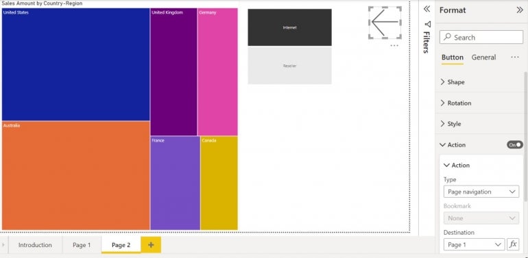 Creating a Page 2 button in Power BI.