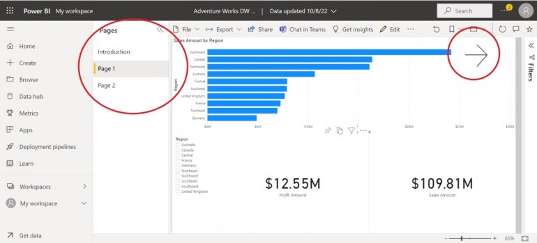 Power BI dashboard with circles around the Page 1 tab and the button that leads to page 1.