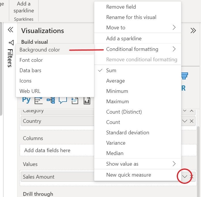 Background color is highlighted from the Conditional formatting option in Power BI's Visualizations options.
