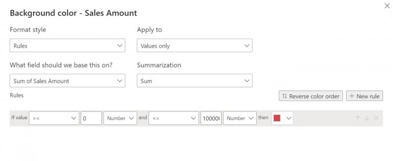 Background color - Sales Amount settings in Power BI.