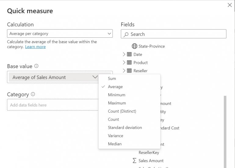 The Quick measure menu with the Base value dropdown poen and Average selected