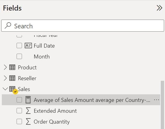 The Fields menu in Power BI with Average Sales Amount average per Country highlighted