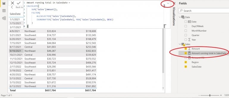 Adding a running total column to the Sales chart via a dropdown in Power BI.