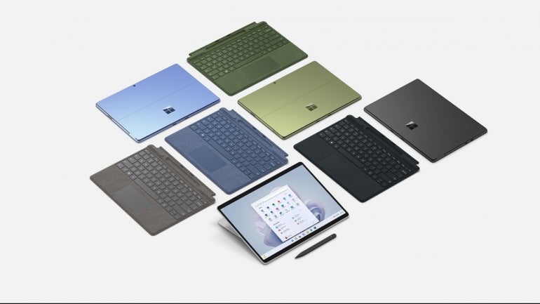 Surface Pro 9 devices in black, blue, green, and gray