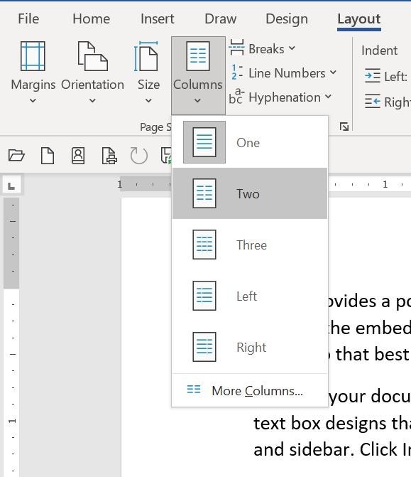 Columns drop-down menu in microsoft word with Two highlighted