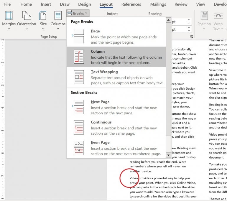 Breaks drop-down menu in Microsoft Word, with Column Break highlighted