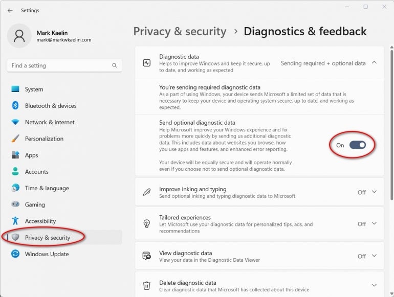 In the left-hand navigation bar, select Privacy & Security and then scroll down the right-hand list of items to find Diagnostics & Feedback.