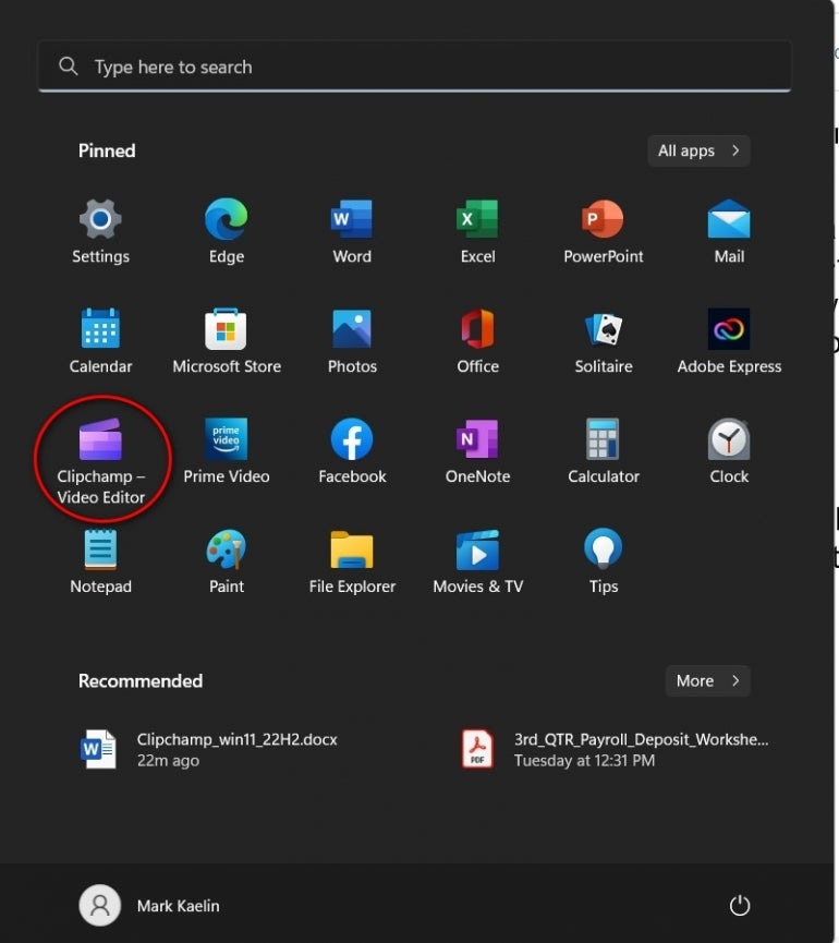 Start menu with Clipchamp circled in red.