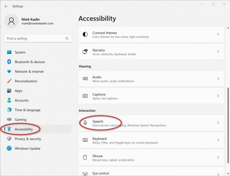 Open the Settings app and then navigate to the Accessibility item in the left-hand navigation bar.