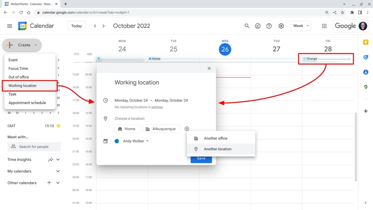 Google Calendar creating a Working location