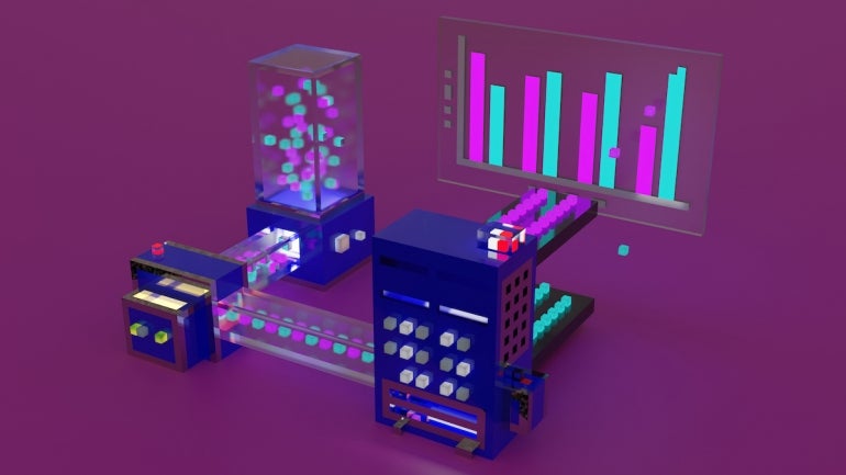 3d illustration of a data and artificial intelligence pipeline in voxel style.