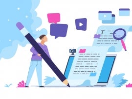 Content writer. Blog articles creation concept with people characters, freelance work business and marketing. Vector illustration