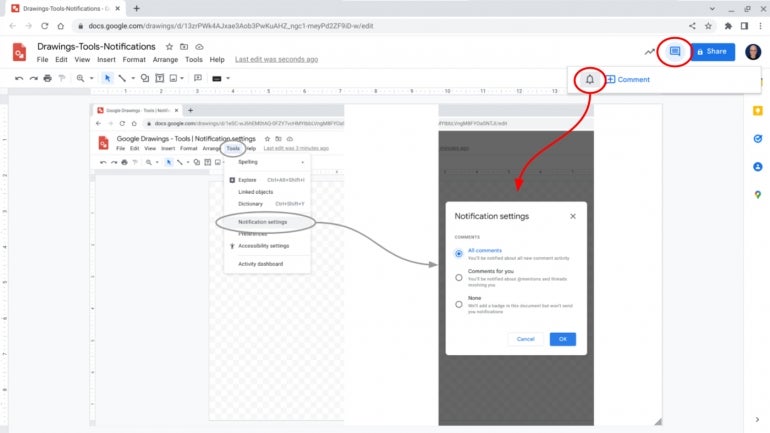 In Google Docs, Sheets, Slides or Drawings, you also may access Notification settings by selecting the comment icon (upper right), then the bell, as shown here in Google Drawings.