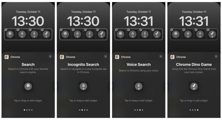 Chrome lock screen offerings include Search and Voice Search widgets as well as an Incognito Search widget. Access to the Chrome Dino Game is also available via a lock screen widget.