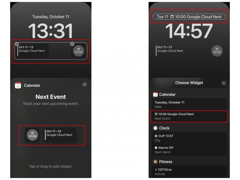To display upcoming Google Calendar events, connect your Google Calendar to the built-in Apple Calendar, then select from three lock screen calendar widgets.