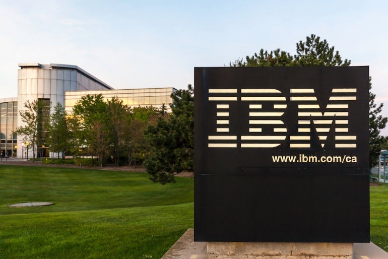 An exterior view of the IBM sign at the IBM Canada headquarters on May 16, 2018 in Markham, Ontario, Canada.