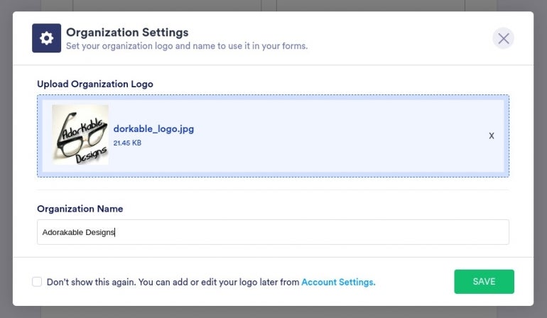 Organizational settings in Jotform with the Upload Organizational Logo field filled.