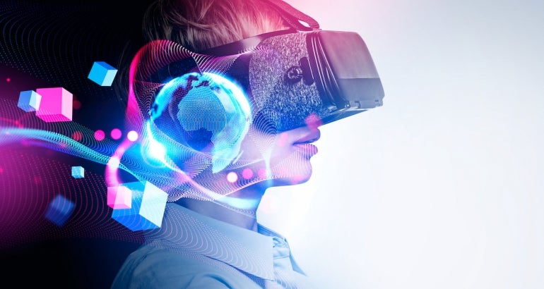 Office woman in vr glasses, metaverse hologram and cyberspace