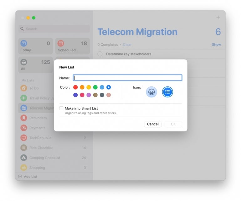 Reminders color and icon options on a Mac