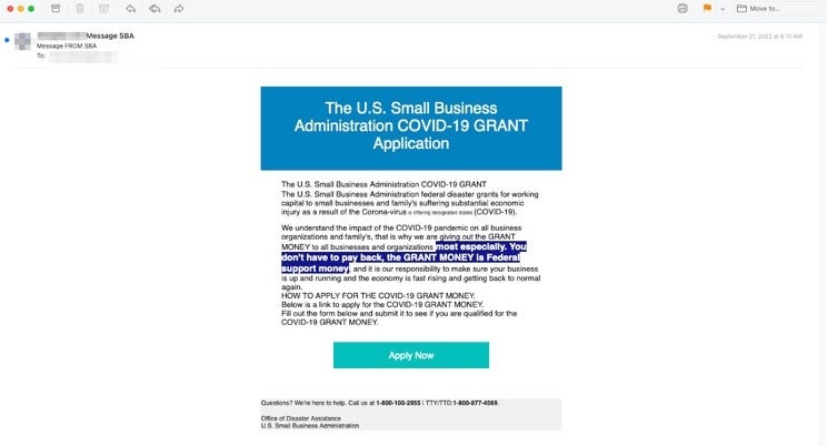 Email example of a phishing attempt