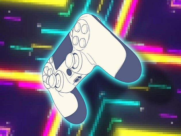 a white game controller over a vibrantly colored background