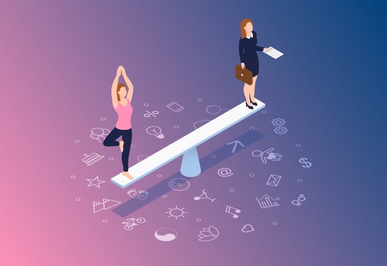 Work Life Balance Concept - Woman Trying to Balance Her Life with Her Work - 3D Illustration