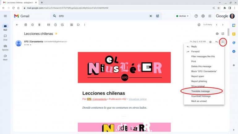 In Gmail, use the Translate message option to translate an email into a language you understand.
