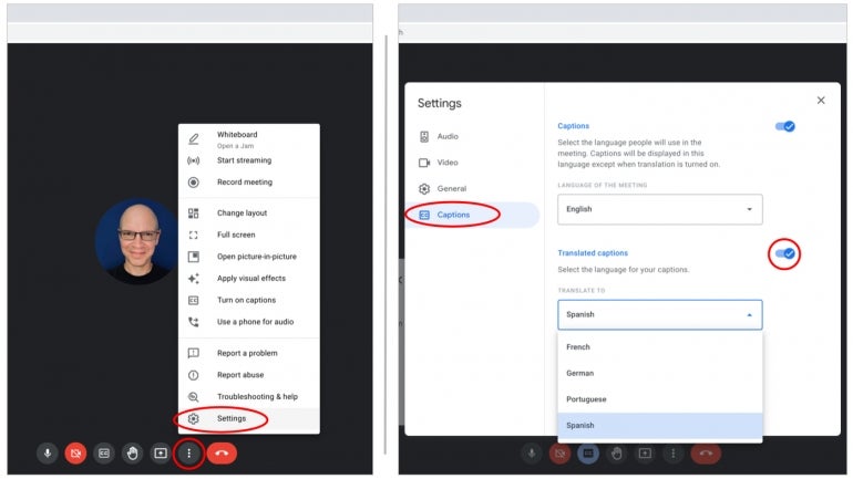In some editions of Google Meet, you may access Settings (left) and enable the display of translated captions (right).