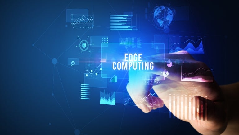 Hand touching EDGE computing pattern, new business technology concept.