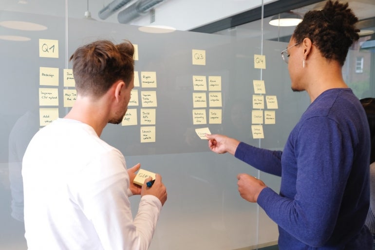 2 people adding sticky notes to a kanban board.